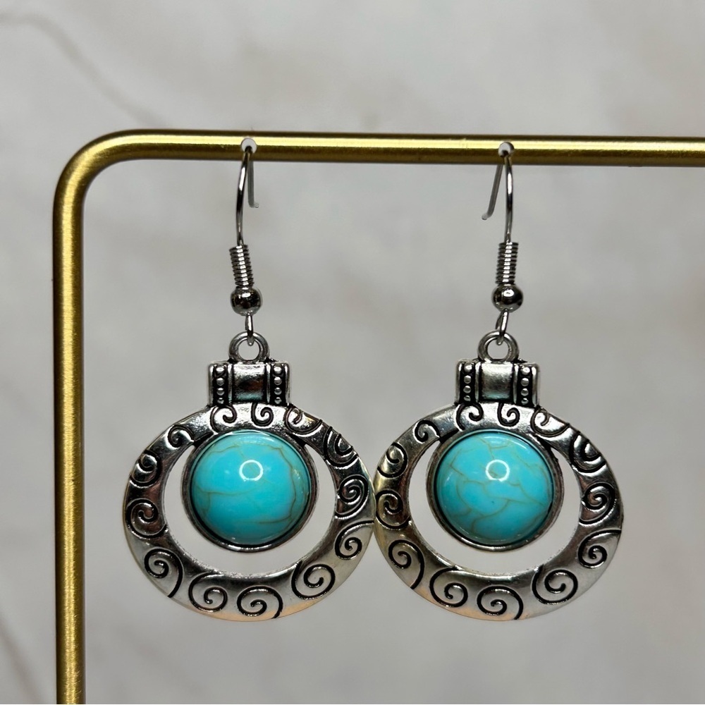 Turquoise Stone Silver Tone Swirl Design Earrings